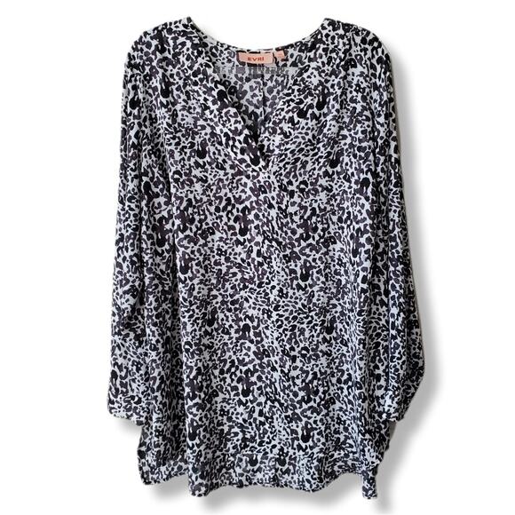 Women EVRI Black White Print Blouse Top 1X Flowy Career Casual Classic Relaxed - Picture 1 of 10